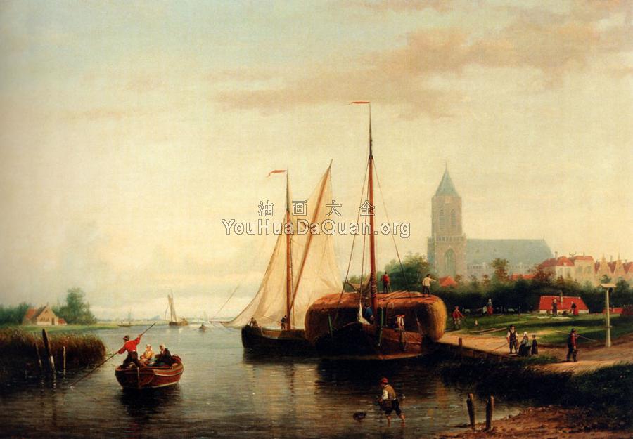 Frederik A Moored Haybarge And Other Shipping By A Bleach Field - 亚伯拉罕·胡克·二世